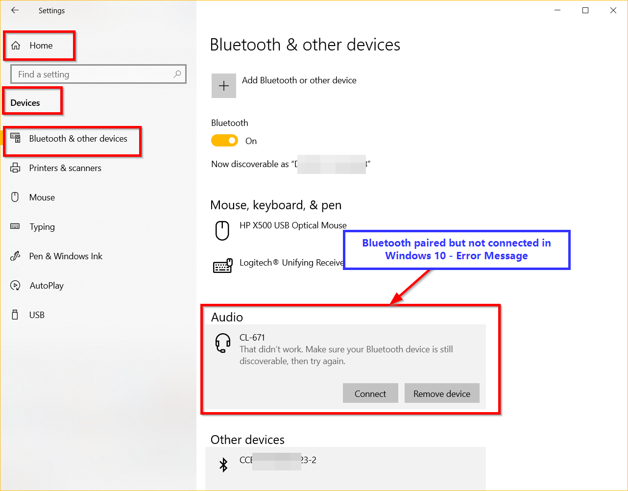 Fix - That didn't work. Make sure your Bluetooth device is still discoverable, then try again - Windows 10 1 Bluetooth Device Paired But Not Connected