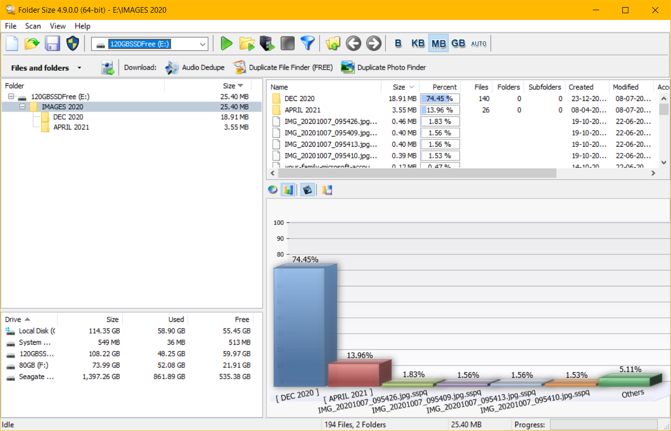 graph of folder space in percentage windows 10
