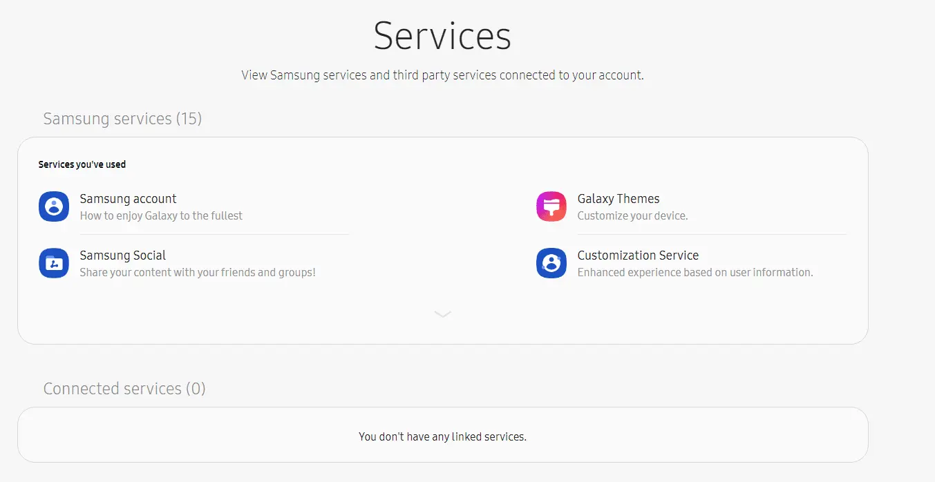 List of services connected to a Samsung account