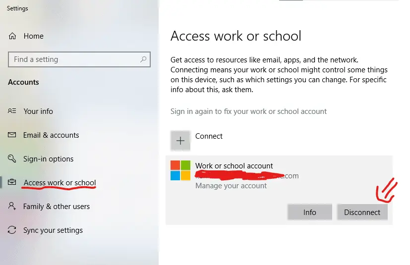 access work or school windows 10