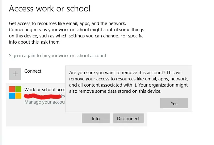 disconnect work account windows 10