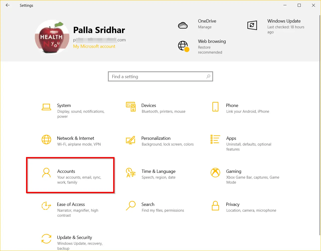 windows 10 settings accounts