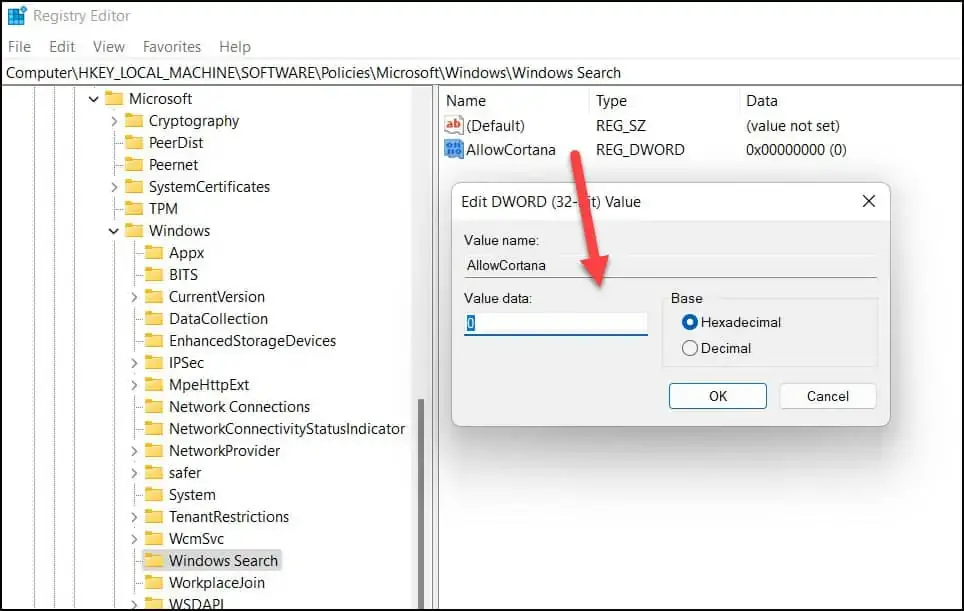 Disable Cortana in Windows 11 registry