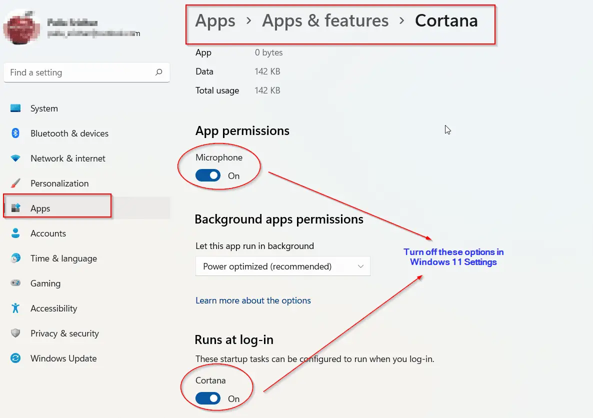 disable cortana windows 11 settings