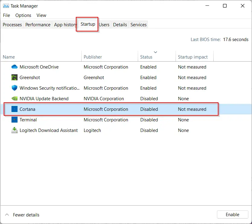 disable cortana windows 11 task manager