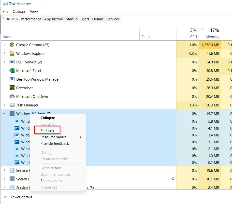 Fix Search Application Task Manager Issues on Windows 11/10 3 End Windows Widgets Task Windows 11 1