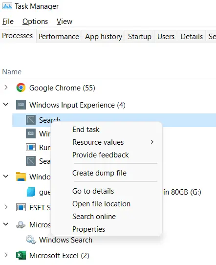 Fix Search Application Task Manager Issues on Windows 11/10 2 End Task Process Search Application Task Manager Windows