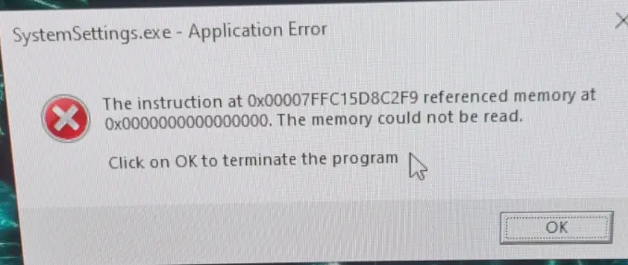systemsettings.exe application error