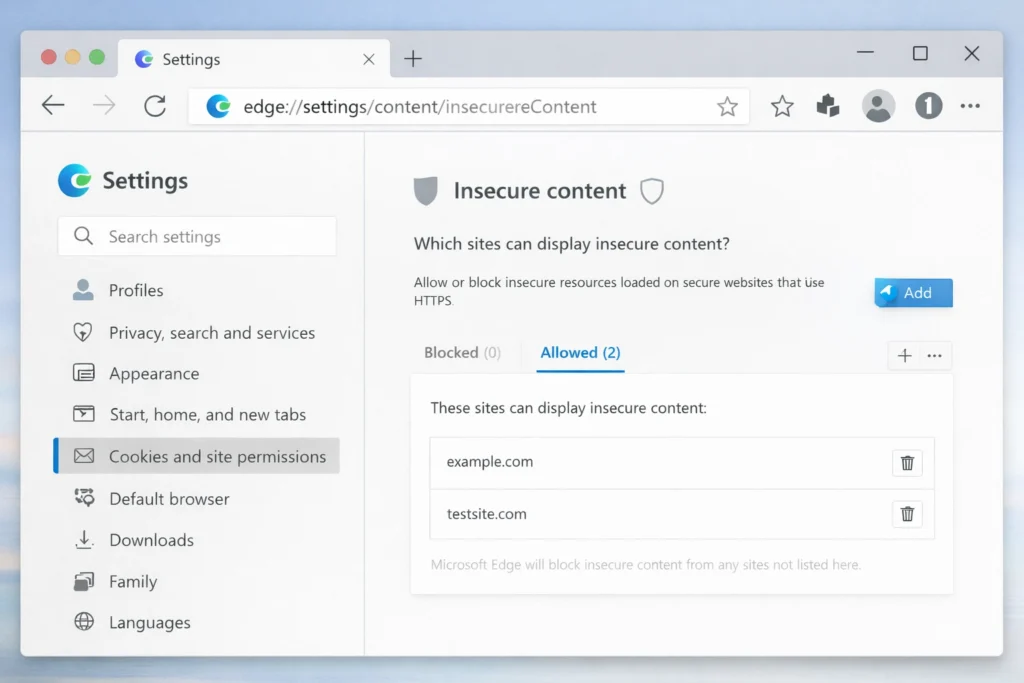 Microsoft Edge settings insecure content allow list