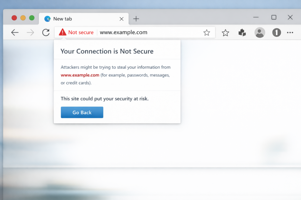 Microsoft Edge your connection is not secure warning in address bar