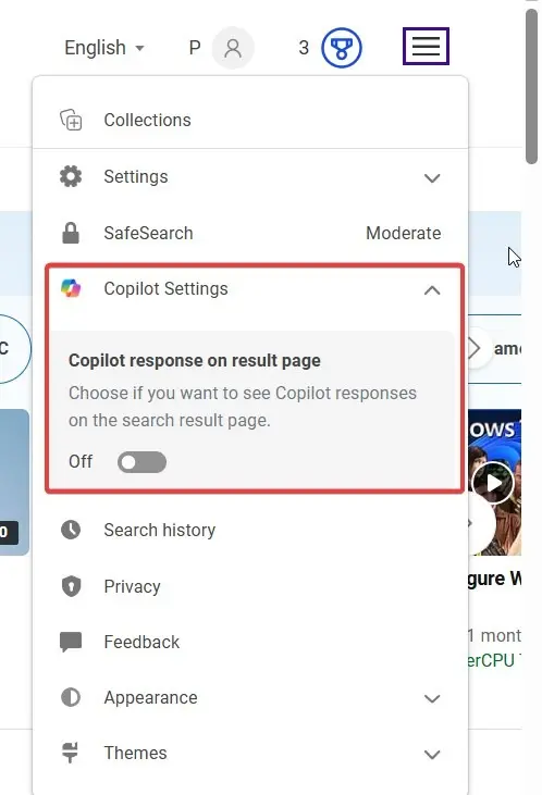 copilot settings bing search edge