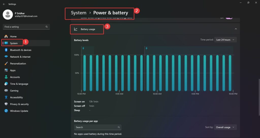 battery usage section windows 11