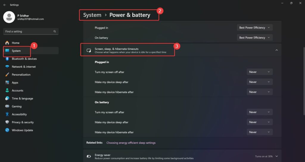 screen off sleep hibernate windows 11 settings app