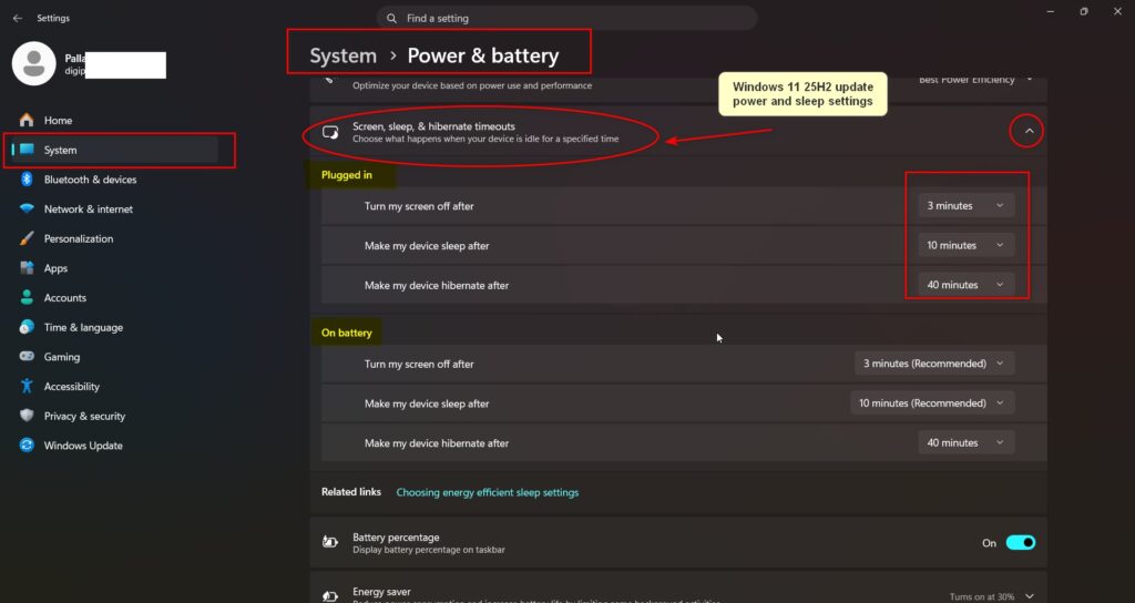 adjust power and sleep settings in windows 11 25h2 update