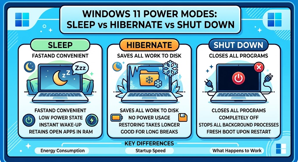 sleep vs hibernate vs shut down windows 11 key differences