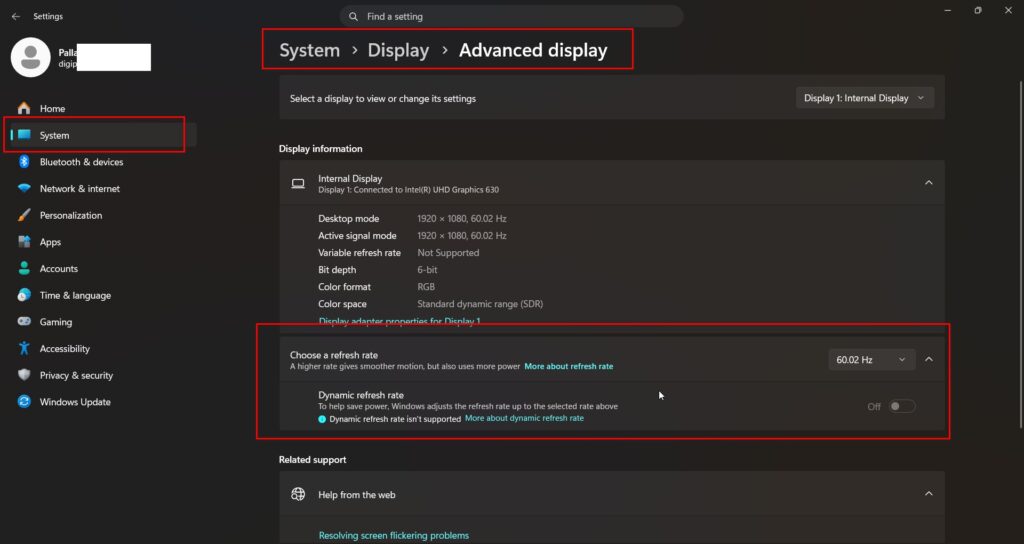 advanced display settings refresh rate windows 11