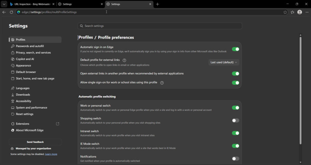 edge settings multiprofile