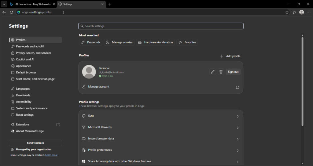 edge://settings/profiles screen and options