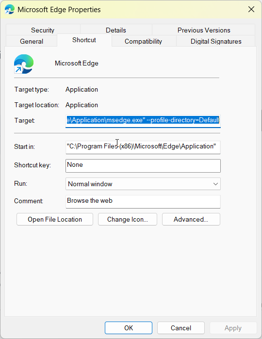 edge shortcut target location properties