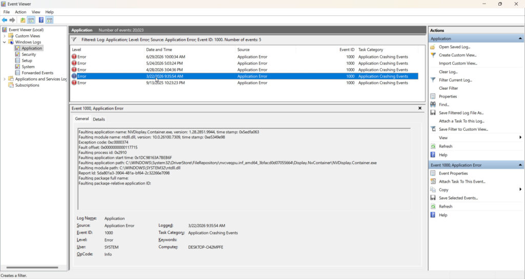 event viewer showing faulting dll 0xc000007b