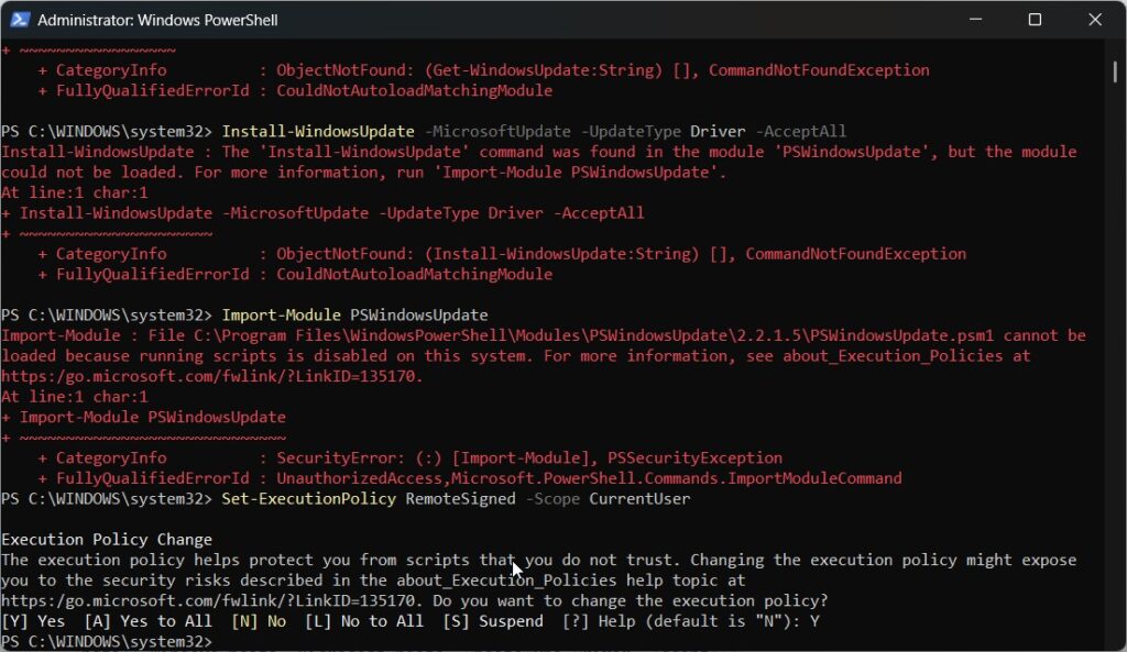 execution policy cmd change update drivers