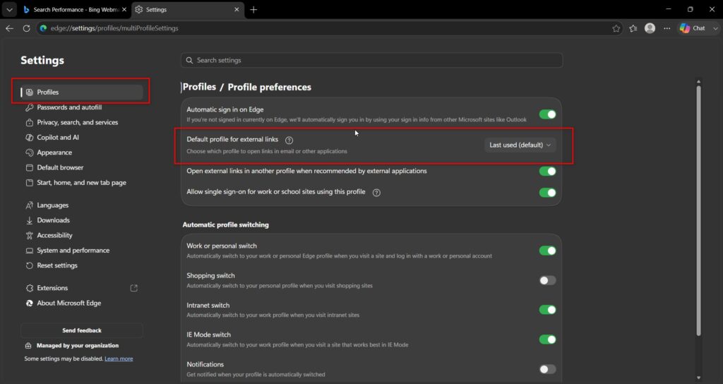 set default profile edge external links