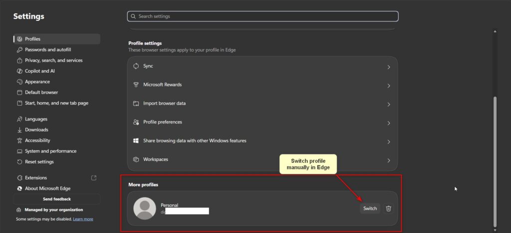 Switch Profiles Microsoft Edge manually