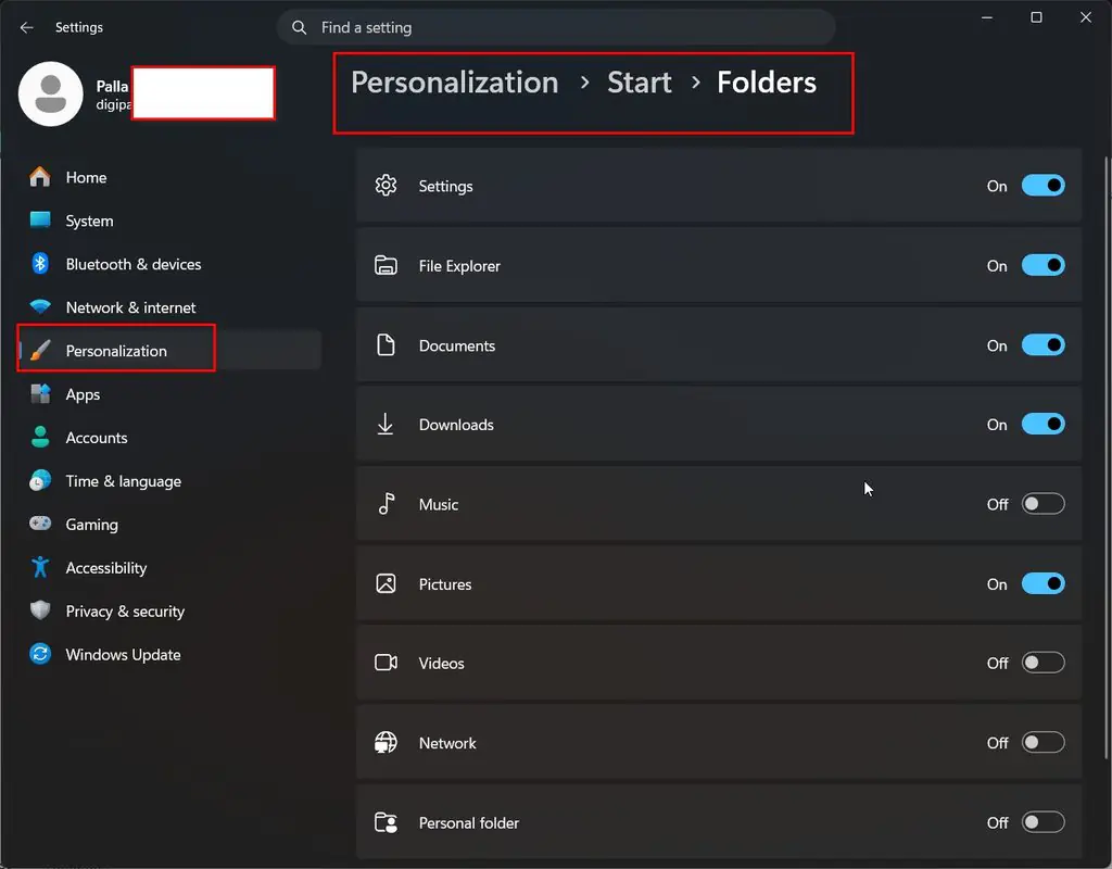 windows 11 start menu add folders