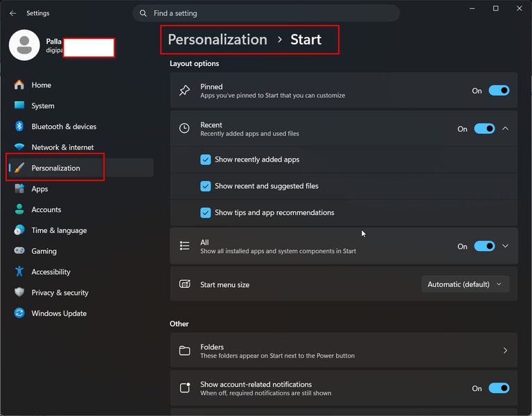 windows 11 start menu guide settings panel 2