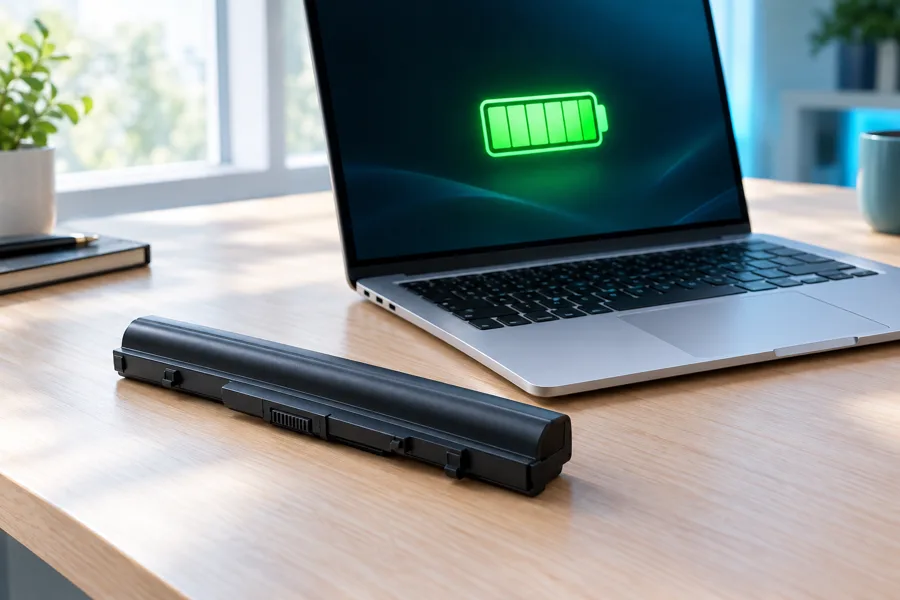 Replacement laptop battery next to a laptop showing a full charge